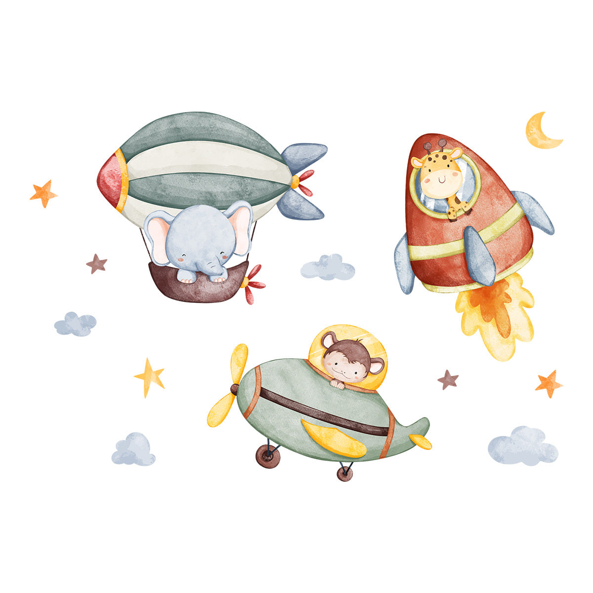 Cartoon Cute Elephant Animal Rocket Hot Air Balloon Wall Sticker