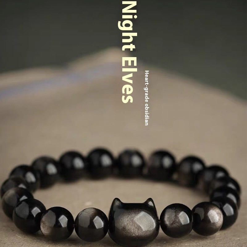 Obsidian Cat Natural Gold And Silver Stone Cat Head Bracelet