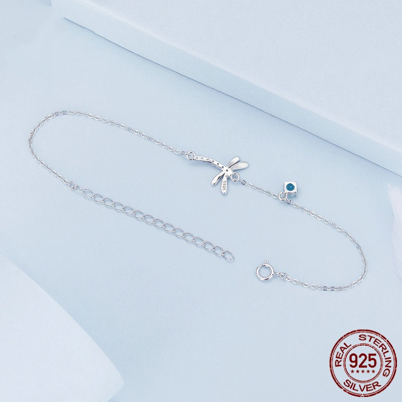 Sterling Silver White Gold Plated Dripping Zircon Dragonfly Bracelet