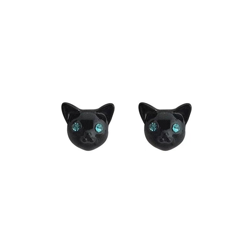 Creative Cartoon Black Kitten Ring And Earrings