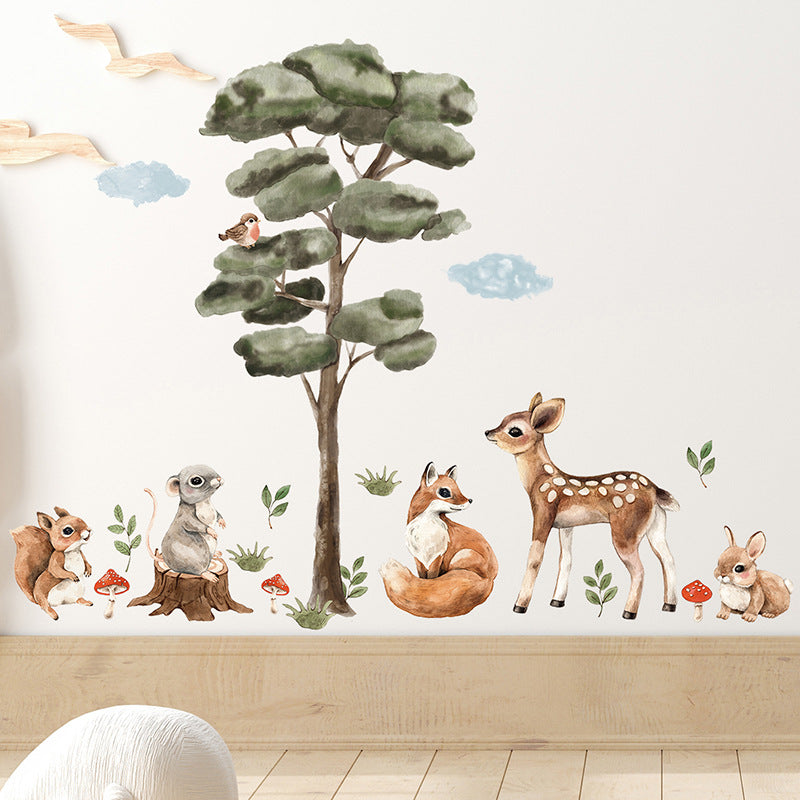 Cartoon Big Tree Cute Small Animal Self-adhesive Wall Sticker