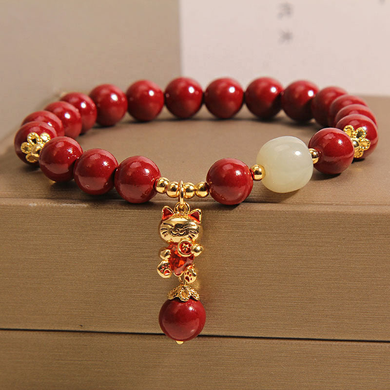 Cinnabar Beaded Lucky Cat Pendant Bracelet