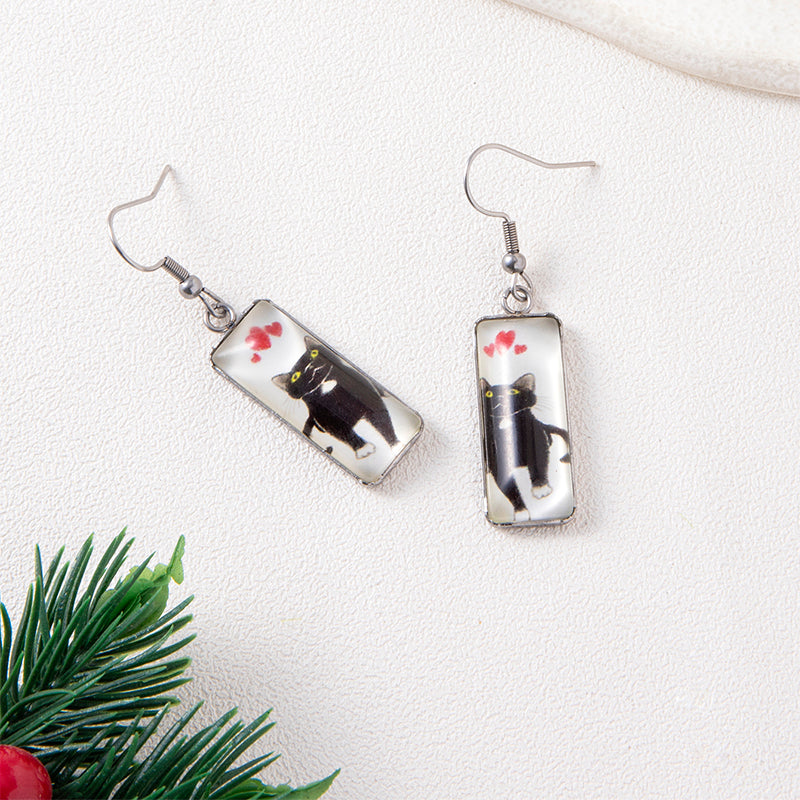 Heart-shaped Black Cat Rectangular Time Gemstone Earrings Creative Qquare Animal Earrings
