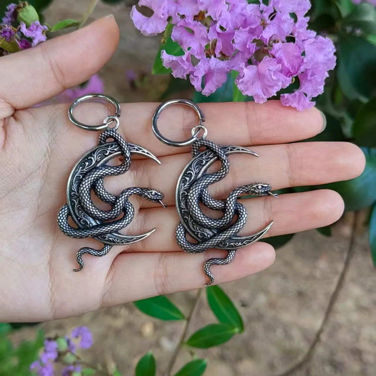 Gothic Moon Snake Earring Findings Antique Silver-Plated