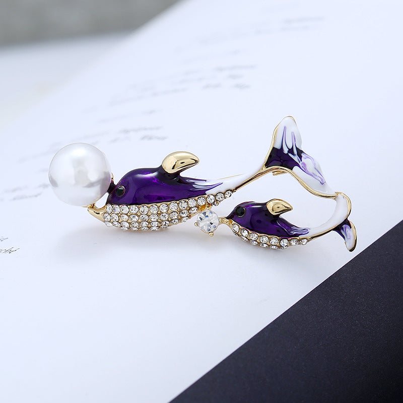 Personality, Wild, Cute, Dripping Oil, Double Dolphin Small Brooch, Female Jewelry Accessories