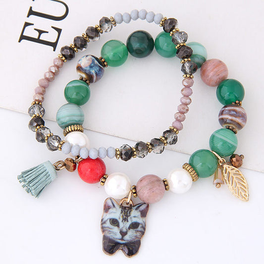 Bohemian natural stone crystal elegant temperament cat Korean version of the leaves tassel multi-element beaded bracelet