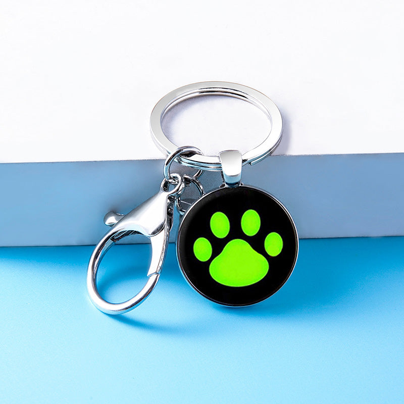 Cute Cartoon Black Cat Noir Footprint Glass Pendant Keychain With Clasp