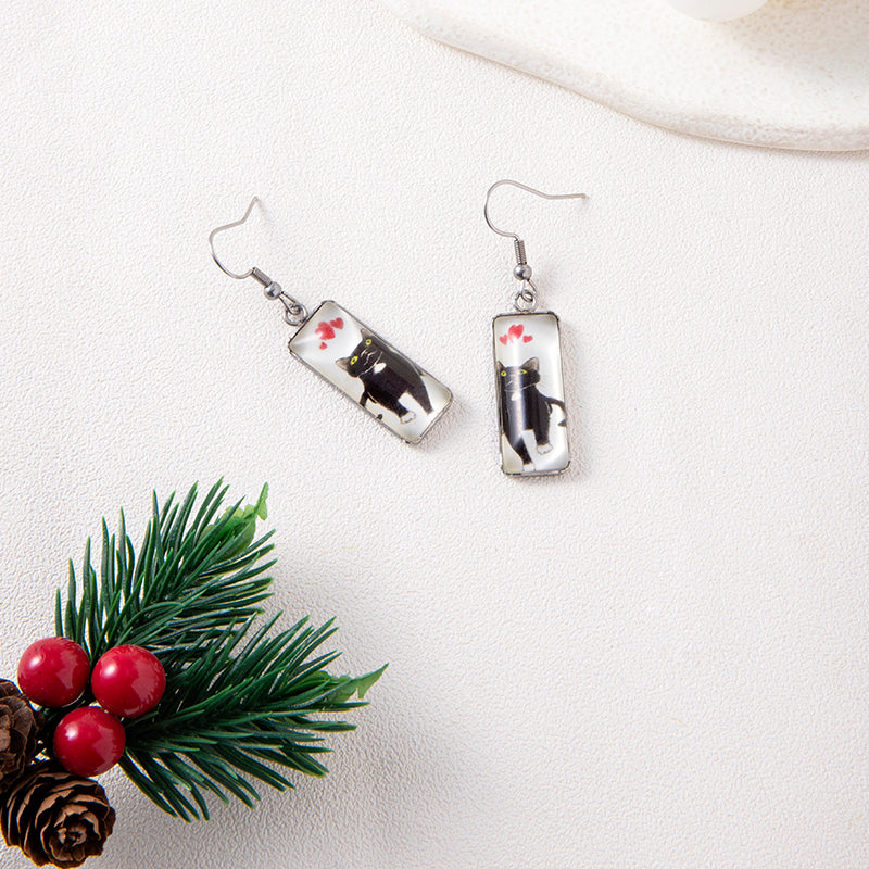 Heart-shaped Black Cat Rectangular Time Gemstone Earrings Creative Qquare Animal Earrings