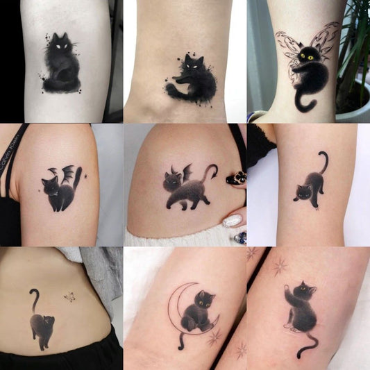 Dark Ink Painting Cat Animal Cute Tattoo Sticker Waterproof