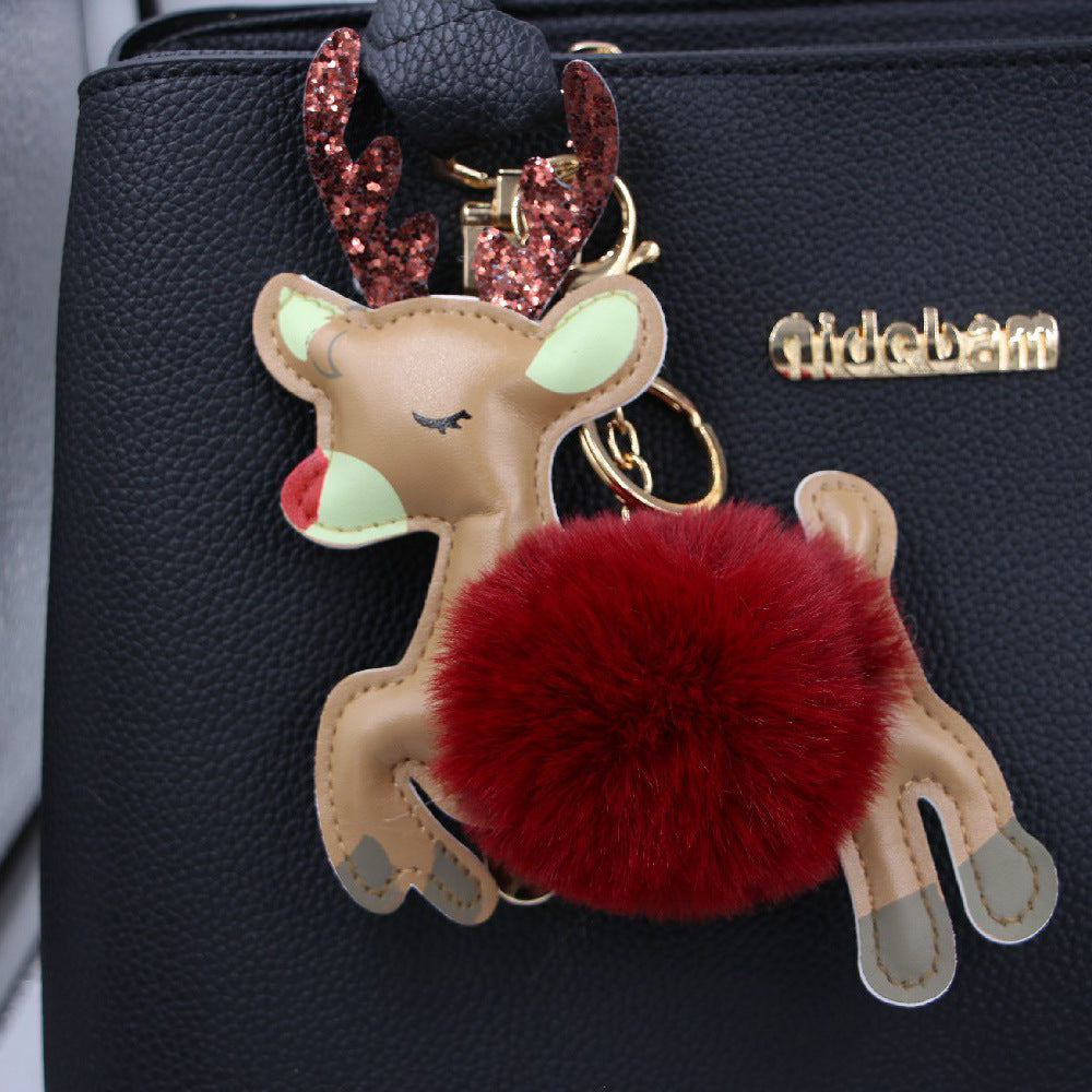 Christmas Deer Pompons Bag Accessories Keychain Pendant