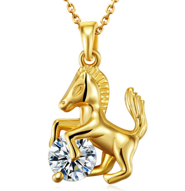 Horse and Crystal Pendant Necklace Gold Silver Rose