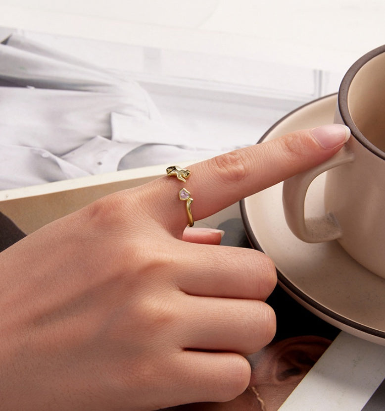 Original Pink Loves And Cats Open Ring Sweet Cute Animal