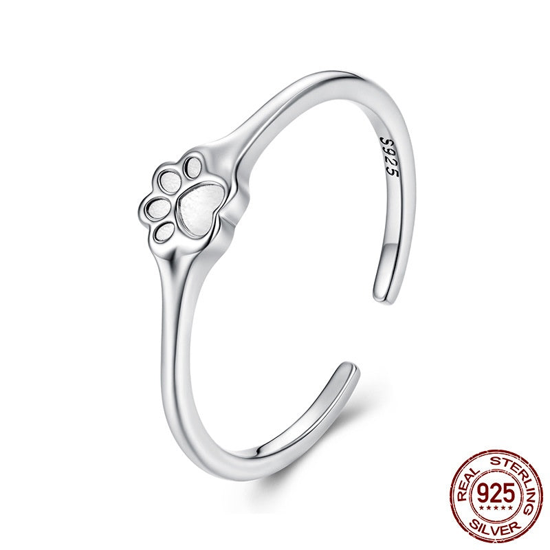 S925 Sterling Silver Cute Pet Paw Print Open Ring