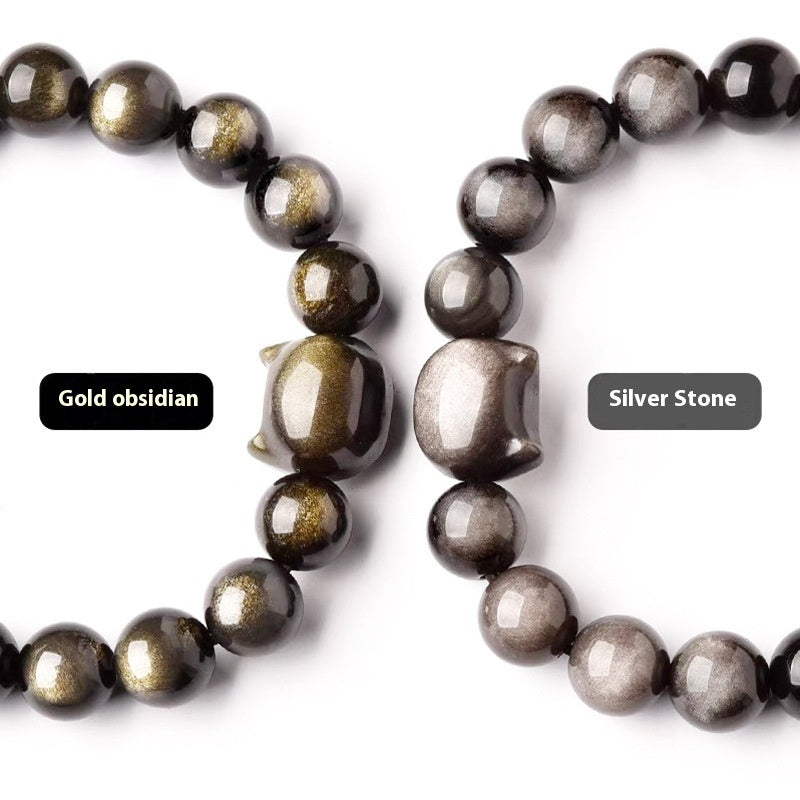 Obsidian Cat Natural Gold And Silver Stone Cat Head Bracelet