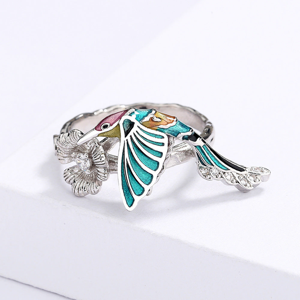 Hummingbird Epoxy Colorful Animal Bird Pastoral Style Female Ring Jewelry