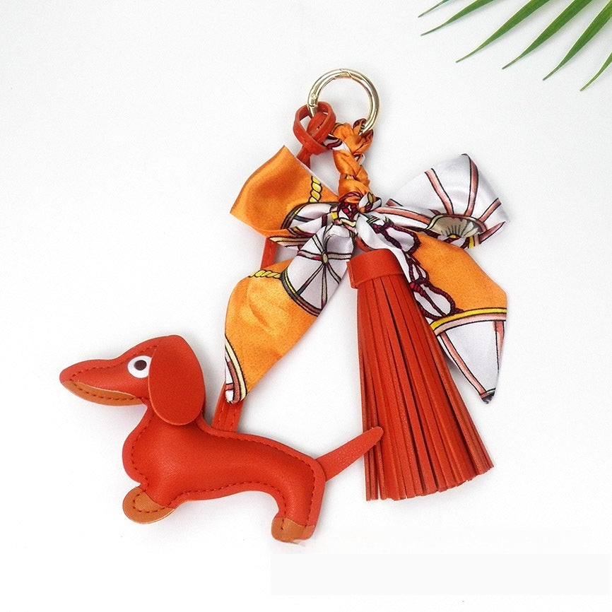Tassel Leather Sausage Dog Pendant Bag Ornament Silk Scarf Keychain Schoolbag Pendant
