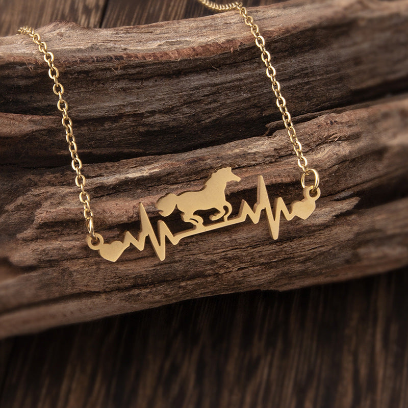 Running Horse Heartbeat ECG Necklace Women's Stainless Steel