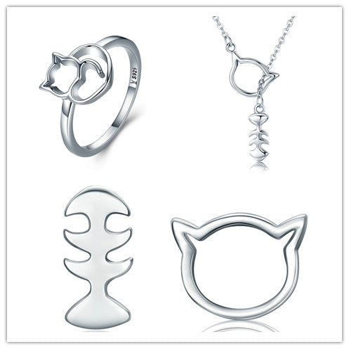 Cat and Fishbone Necklace Earring Ring