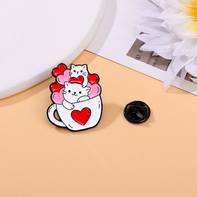 Creative Cartoon Cup Kitty Brooch Cute Love Heart