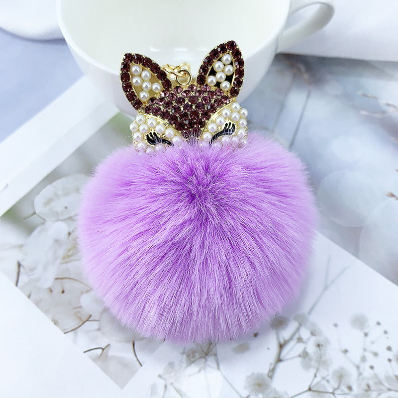 Alloy Pearl Rhinestone Fox Fur Ball Keychain Pendant