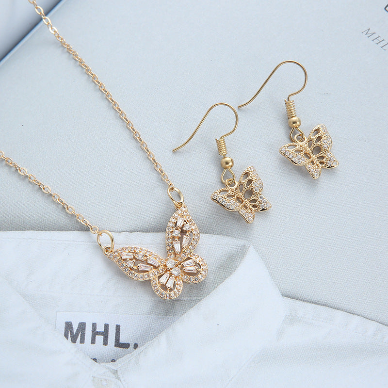 European And American Entry Lux Copper Jewelry Micro Inlaid Zircon Butterfly Earrings Necklace Dress Accessories