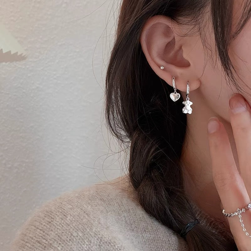 S925 Sterling Silver Bear Love Asymmetrical Earring Earrings Women