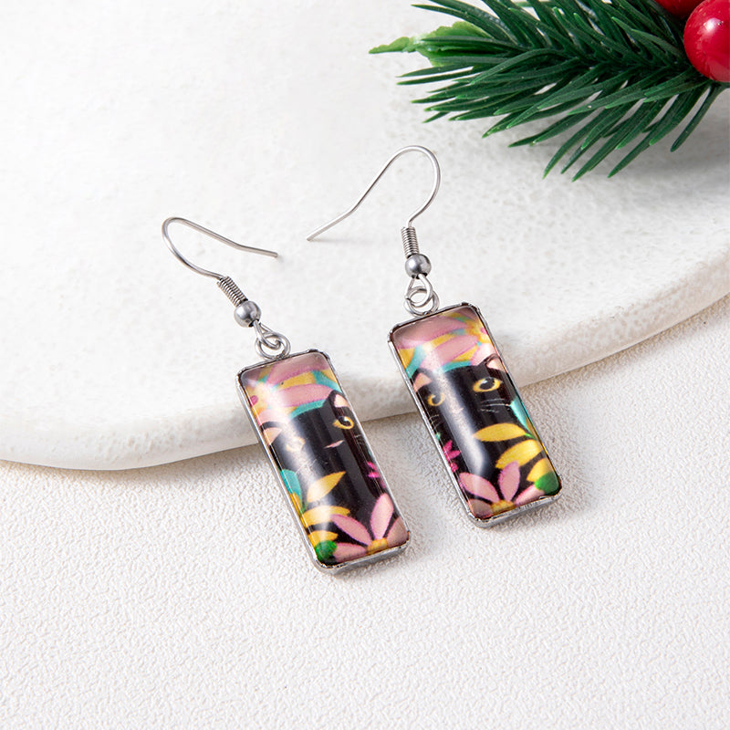 Heart-shaped Black Cat Rectangular Time Gemstone Earrings Creative Qquare Animal Earrings