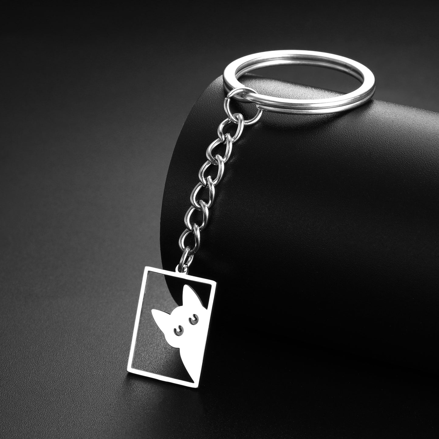 Kitten Rectangular Keychain Women's Stainless Steel