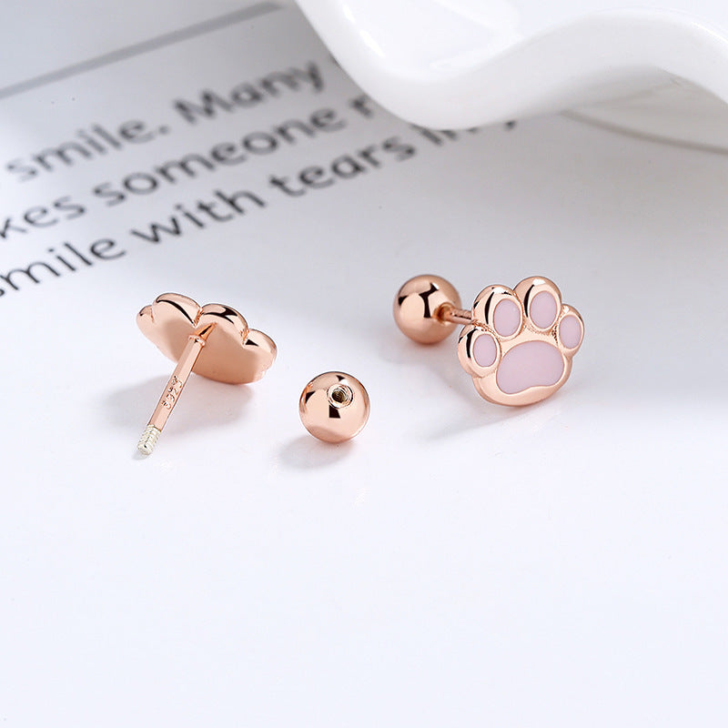 Women's 925 Sterling Silver Sweet Pink Cat's Paw Thread Stud Earrings