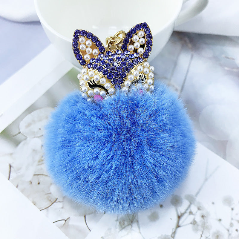 Alloy Pearl Rhinestone Fox Fur Ball Keychain Pendant
