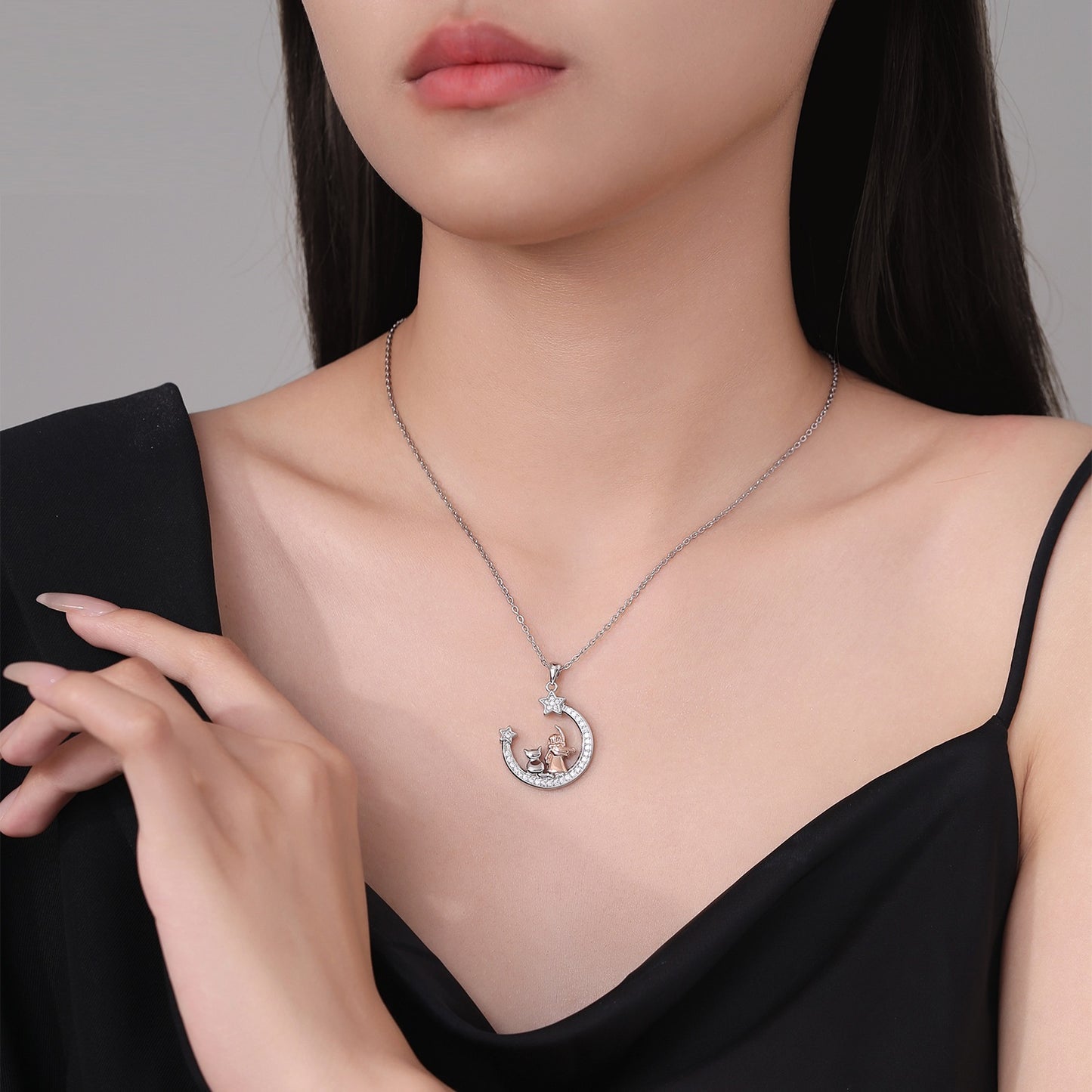 Necklace Female Moon Girl And Cat Jewelry