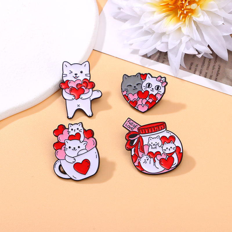 Creative Cartoon Cup Kitty Brooch Cute Love Heart