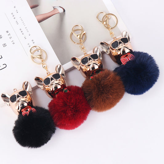 French Fighting Dog Car Ornaments Cute Dog Keychain Hair Ball Bag Pendant