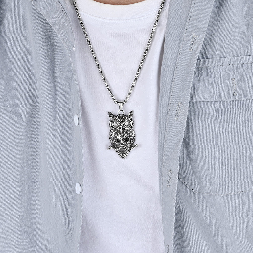 Jewelry Titanium Steel Owl Skull Necklace
