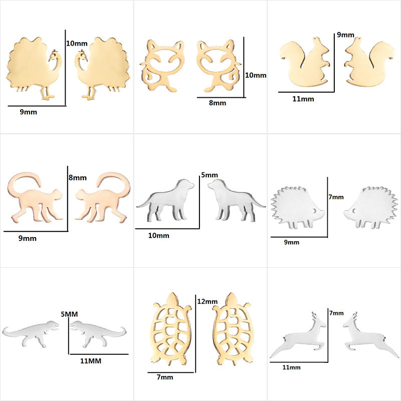 Animal Earrings Peacock Dinosaur Earrings Female Stainless Steel Simple Tortoise Hedgehog Ear Bone Nails