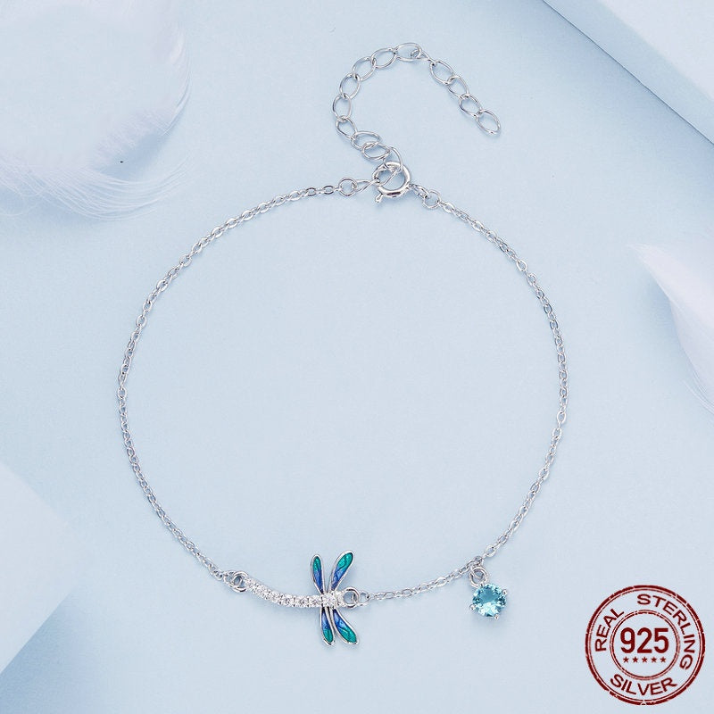 Sterling Silver White Gold Plated Dripping Zircon Dragonfly Bracelet