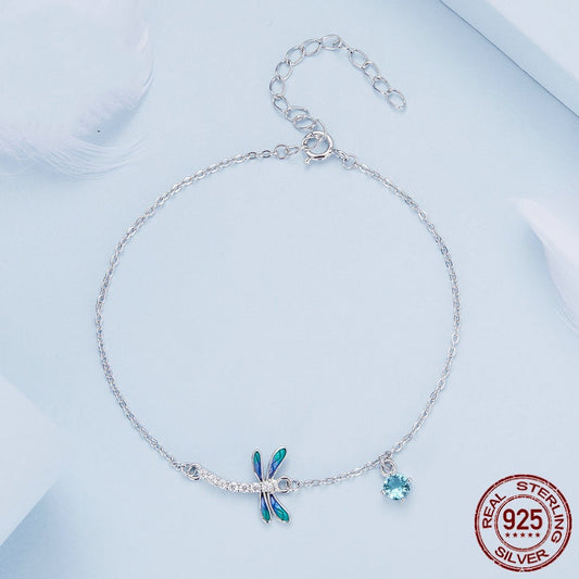 Sterling Silver White Gold Plated Dripping Zircon Dragonfly Bracelet
