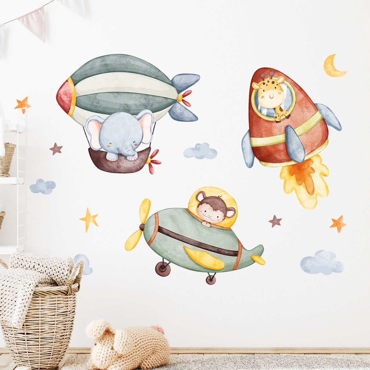 Cartoon Cute Elephant Animal Rocket Hot Air Balloon Wall Sticker