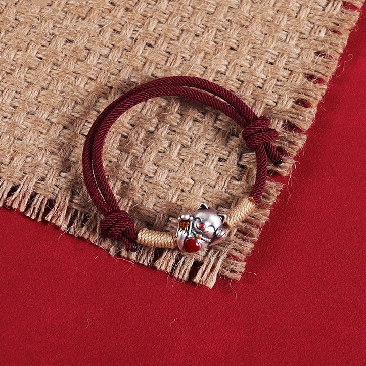 Hand-woven Lucky Cat Fu Character Tibetan Red Rope Bracelet For Women