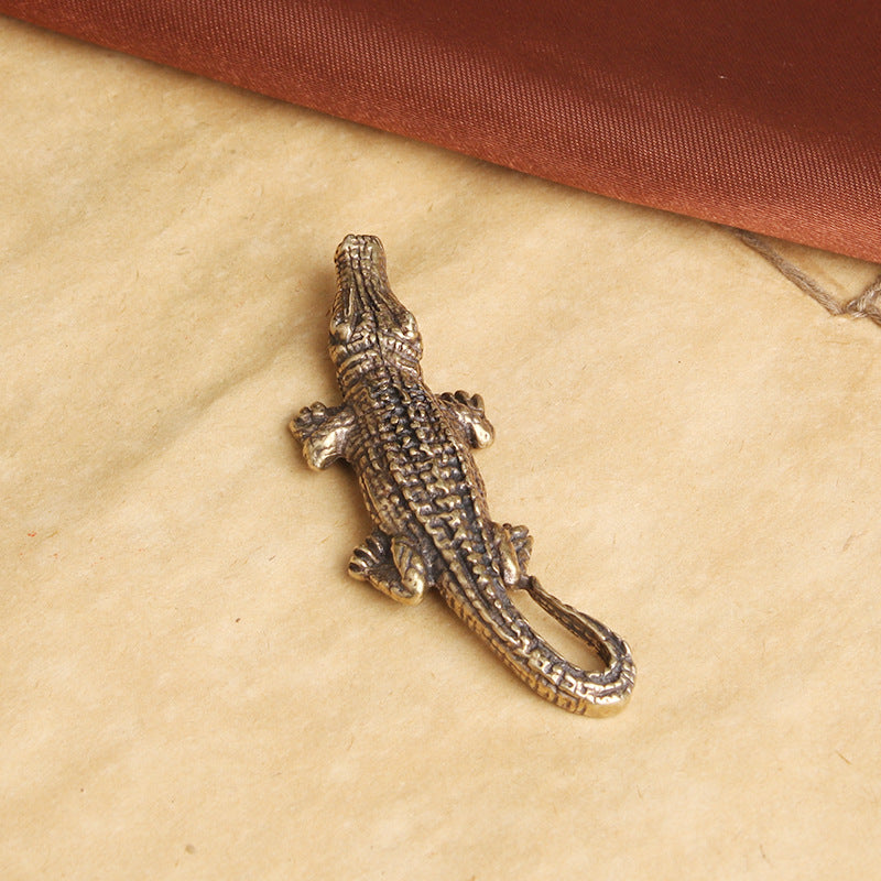 Distressed Solid Brass Alligator Keychain Pendant