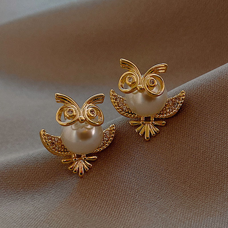 Fashion Bird Owl Pearl  Animal Creative  Gold Ladies Earrings