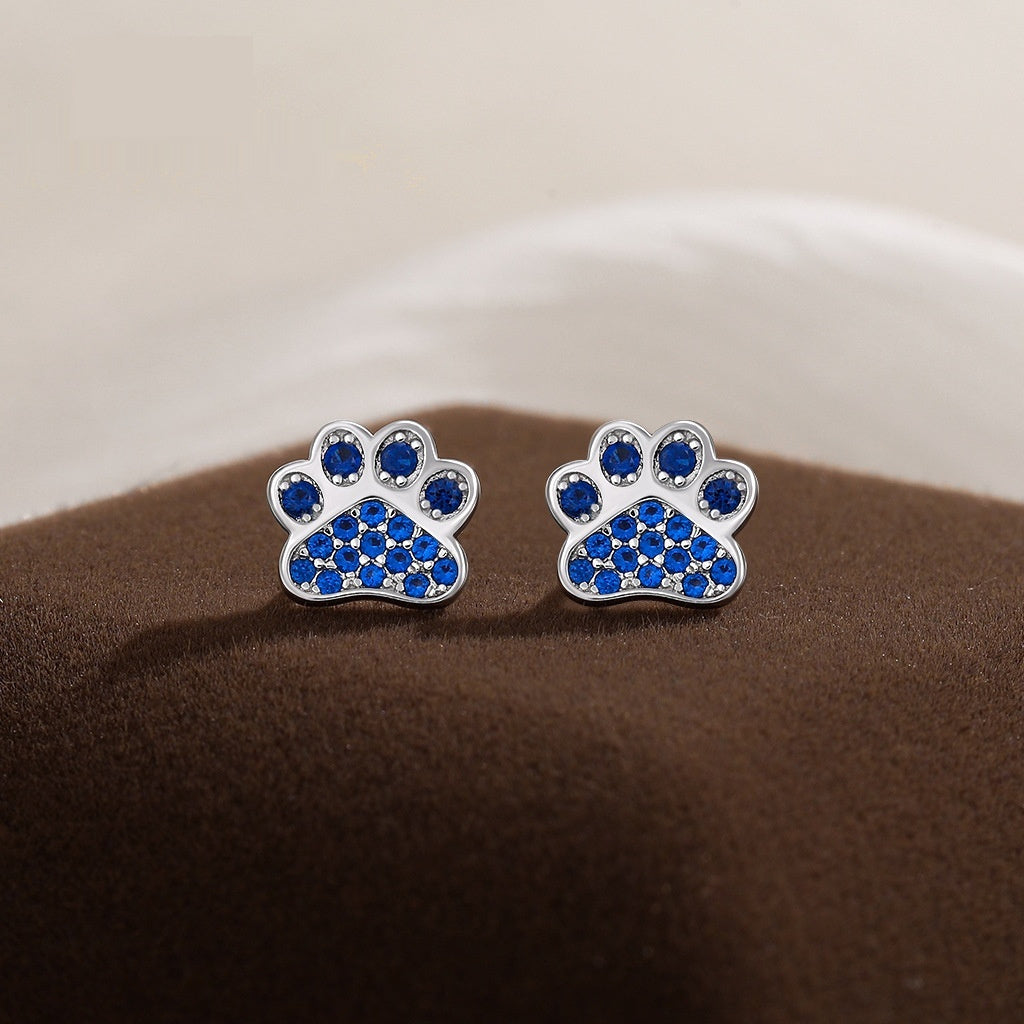 New Simple S925 Silver Blue Diamond Cat's Paw Stud Earrings