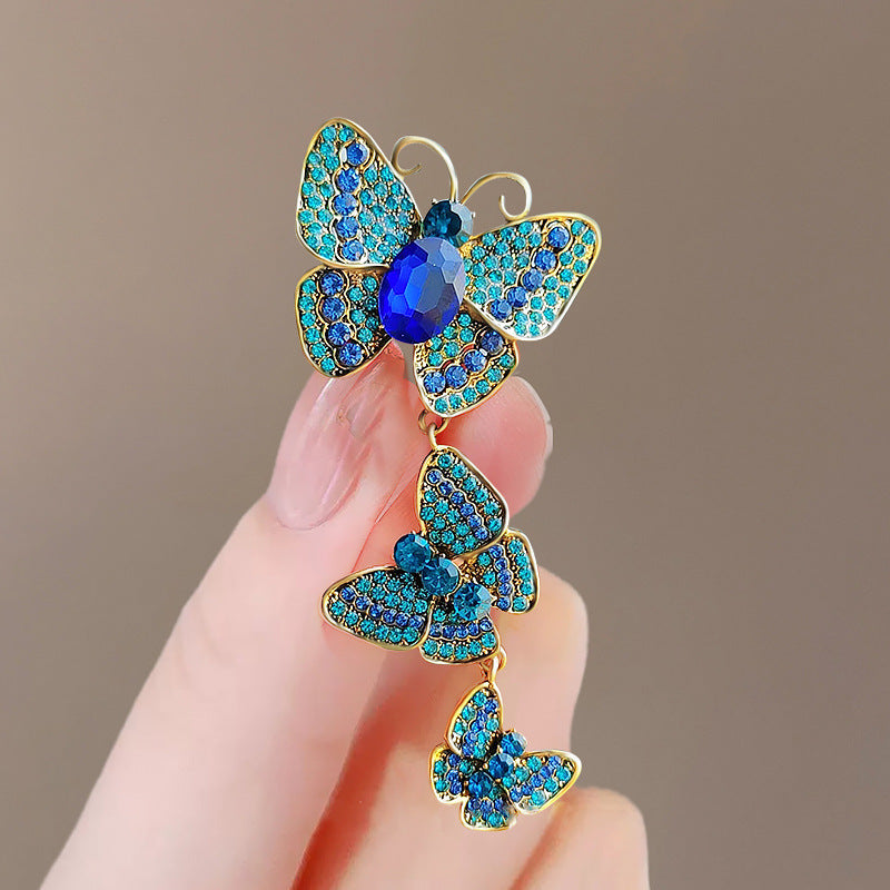 Women's Retro Diamonds Three Enamel Butterfly Brooch