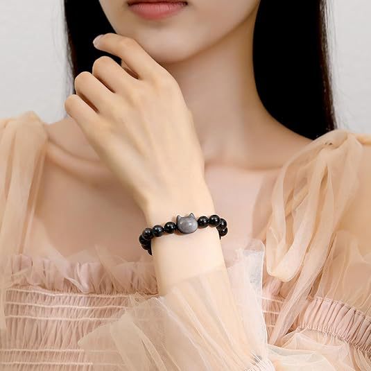 Cat Pendant Silver Stone Tigereye Amethyst Bracelet