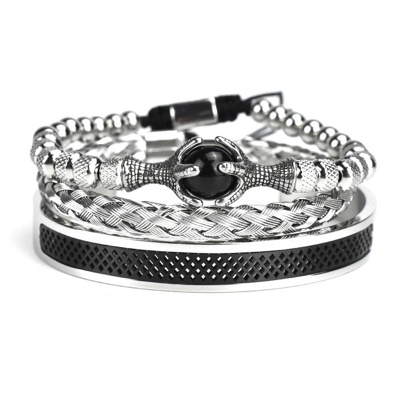 Retro Hollow Eagle Claw Tiger-shaped Stone Roman Letter Woven Stainless Steel Wire Mesh Bracelet Set