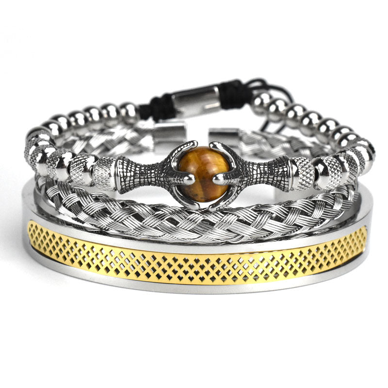 Retro Hollow Eagle Claw Tiger-shaped Stone Roman Letter Woven Stainless Steel Wire Mesh Bracelet Set