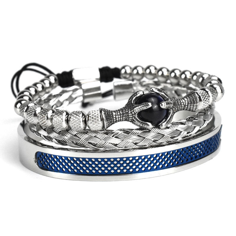 Retro Hollow Eagle Claw Tiger-shaped Stone Roman Letter Woven Stainless Steel Wire Mesh Bracelet Set