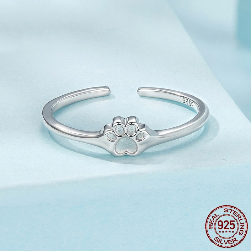 S925 Sterling Silver Cute Pet Paw Print Open Ring