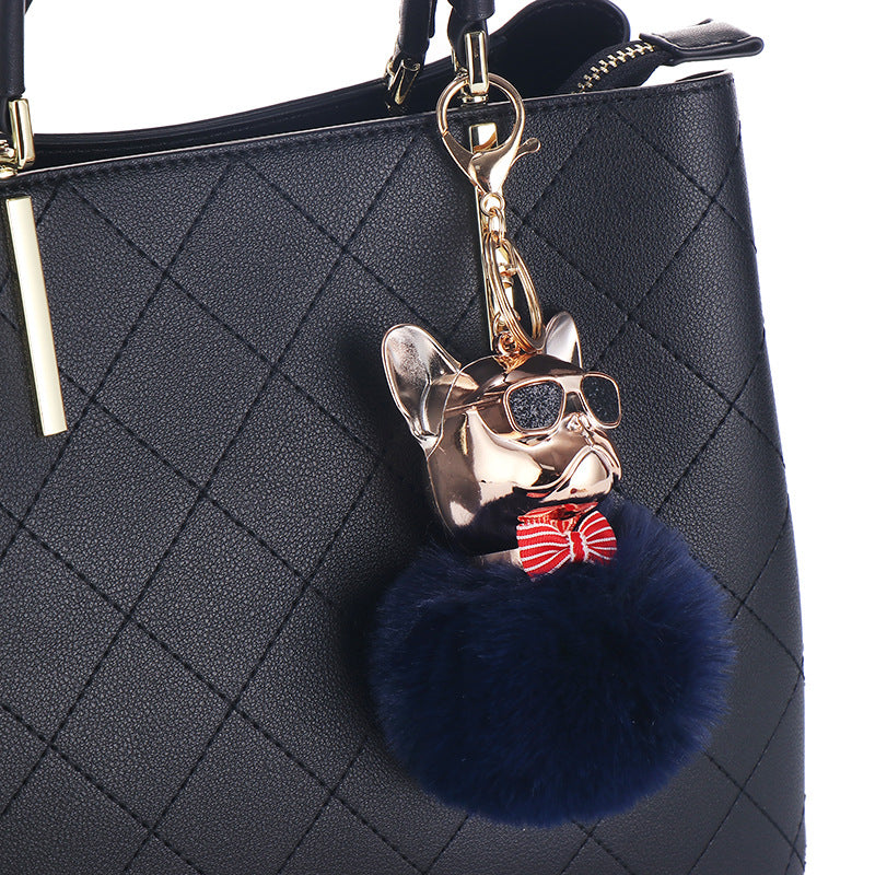 French Fighting Dog Car Ornaments Cute Dog Keychain Hair Ball Bag Pendant