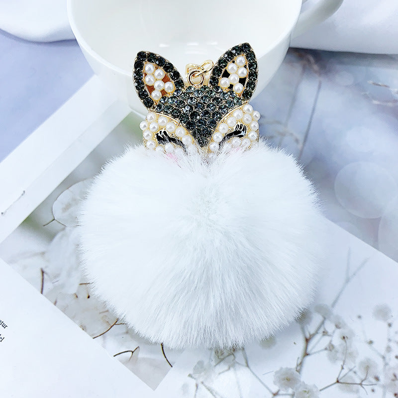 Alloy Pearl Rhinestone Fox Fur Ball Keychain Pendant